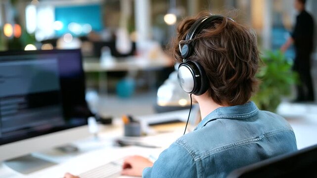 Side view of a faceless person using headphones at a workstation, soft defocus on surroundings, calm workspace atmosphere, with copy space