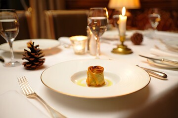 Fototapeta premium Elegant dining experience with gourmet dish and sophisticated table setting for special occasion