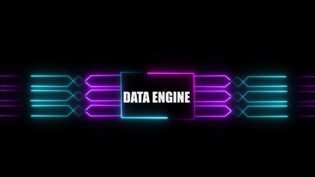 Networking chip icon futuristic neon circuit board DATA ENGINE animated. on black background. Motion graphic of digital logo with futuristic technology.4k video black background animated...