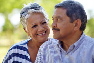 Hug, love and smile with old couple in garden together for bonding, retirement or romance. Marriage, peace and relax with happy senior people outdoor in nature park for commitment or wellness