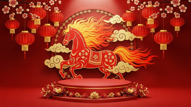 red chinese new year podium with soft spotlight, behind it a large majestic fire horse illustration in red-gold paper-cut style