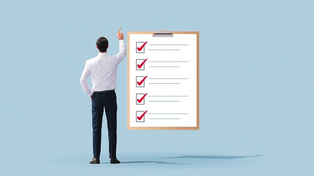 Man reviewing checklist on clipboard while standing against light blue background