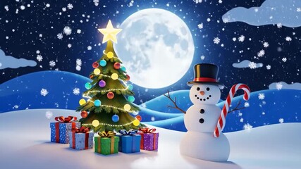 Festive Snowscape Moonlit Christmas Tree Snowman Scene. - Powered by Adobe