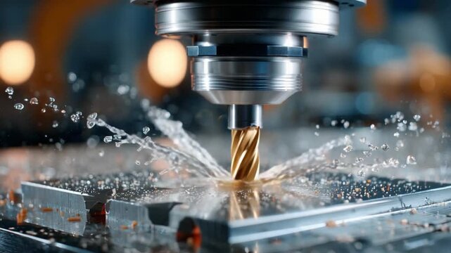  Precision in Action: A close-up shot of a CNC machine in full operation, meticulously shaping metal with a mesmerizing dance of sparks and water, showcasing technological excellence.
