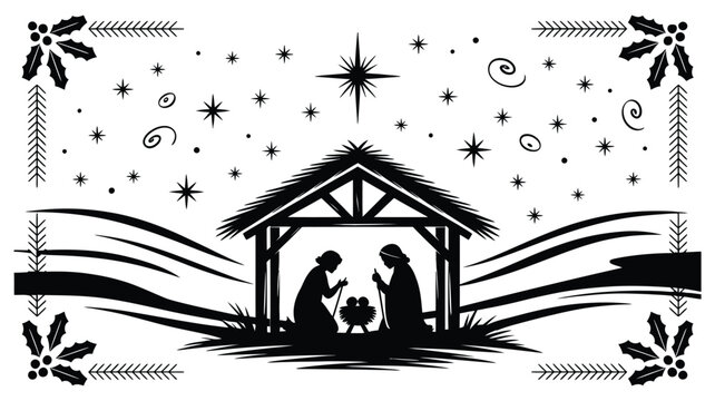  "classic nativity scene silhouette featuring mary, joseph and baby jesus under a starry sky in a stable with decorative borders, religious christmas illustration for holiday designs"
