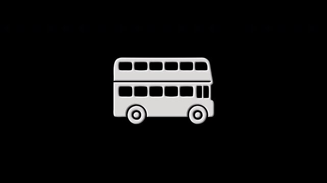 Pixelated double decker bus materializing and dematerializing on black background