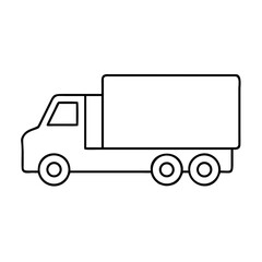 Outline illustration of a delivery truck in black and white on transparent background