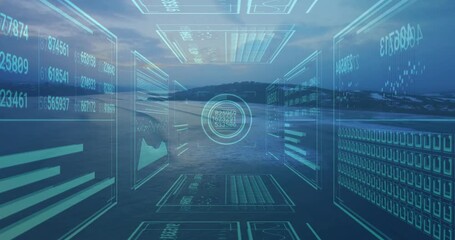 Pulsing central reticle starting cyan holo corridor over aerial sea, panels visualizing nav data - Powered by Adobe