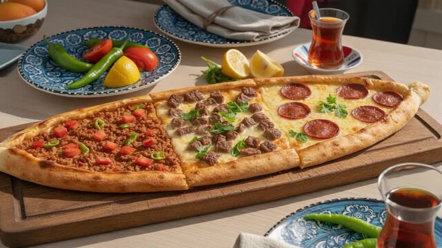 A mixed Turkish pide trio featuring minced meat, cubed beef, and spicy sucuk slices, beautifully served on a wooden board with tea and side vegetables.