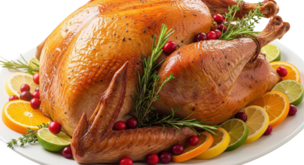 Whole Roasted Golden Turkey Platter Garnished with Cranberries and Citrus Slices Isolated