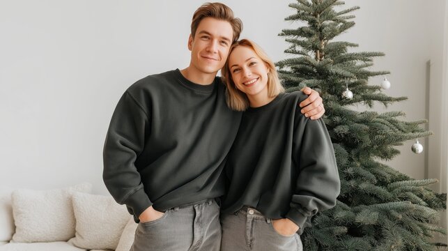 In a cozy living room filled with holiday spirit, a joyful young couple stands close together, smiling warmly. Their matching outfits and the Christmas tree create a festive atmosphere - Powered by Adobe