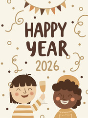 Cute Happy New Year 2026 Kids Illustration with Champagne Glass and Bunting.