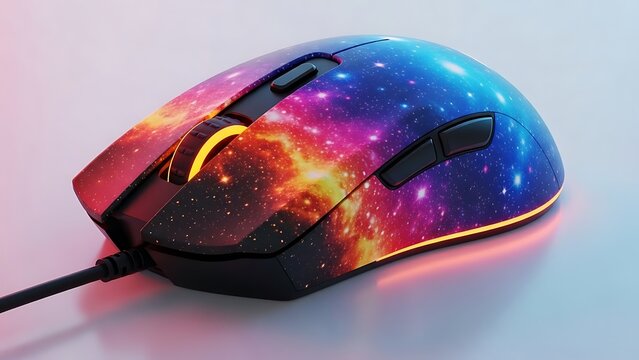 Close up view of a wired gaming mouse with a galaxy design on a white and red gradient surface - Powered by Adobe