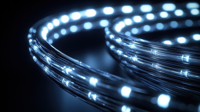 Bent cable detail close-up curved fiber optic strands illuminated light transmission flowing trails network technology