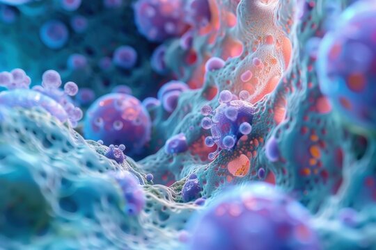 Microscopic view of virus cells infecting healthy cells, causing disease and illness