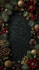 Dark Luxurious Christmas Background with Gold and Red Decorations. Festive Frame with Copy Space