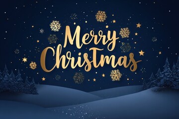 Golden merry christmas calligraphy with snowflakes and snowy winter landscape