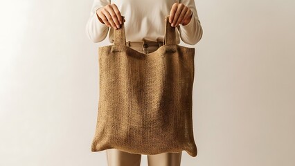 Woman holding an eco-friendly reusable shopping bag.