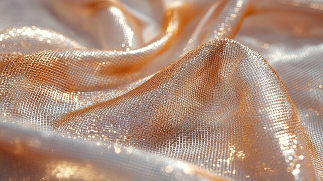 Macro fiber paths woven mesh material curved perspective natural flow tension patterns flexible metallic fabric bronze copper tones geometric precision light bokeh