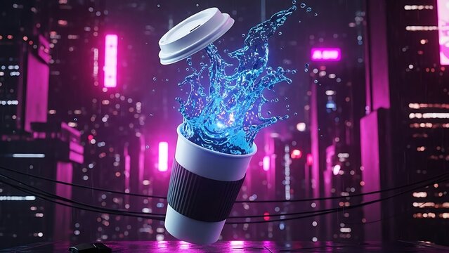 Futuristic coffee cup with glowing blue liquid splashing in a neon city. - Powered by Adobe