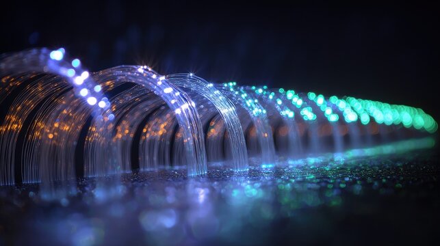 Glowing fiber tips macro photography multiple illuminated fiber optic strands with intense blue green white light against dark background