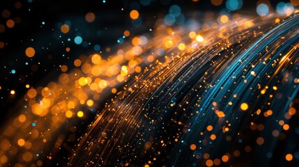Naklejka premium Fiber light trails bundled optical radiant warm orange cool blue streams curved flowing perspective luminous crystalline abstract shapes