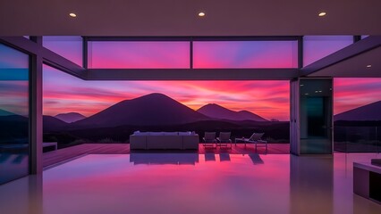 Luxury villa with infinity pool overlooking a vibrant mountain sunset.