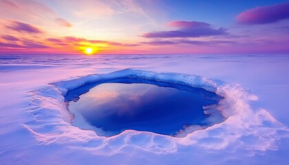 A beautiful landscape featuring a frozen lake with a hole in the ice, reflecting the colorful sunset sky. The scene is bathed in soft, warm light.