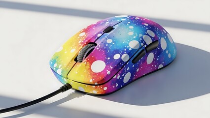 Close up of a colorful computer mouse with white polka dots on a white surface in bright lighting