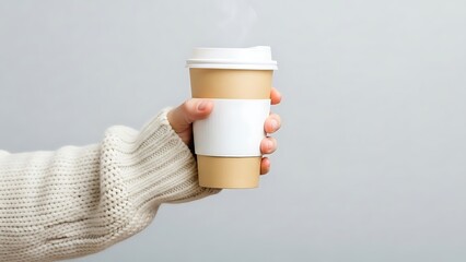 Hand holding a steaming disposable coffee cup against a plain background.