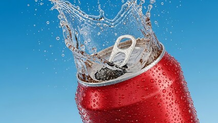 A vibrant red soda can with refreshing water splash and droplets against a blue background.