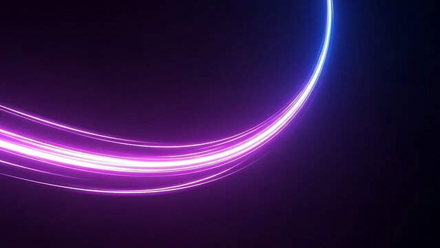 Abstract background with curved neon light trails in shades of purple and blue on a dark backdrop