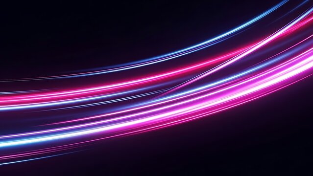 Abstract neon light trails in pink and blue against a dark background for futuristic designs - Powered by Adobe
