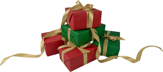 Stack of Multicolored Wrapped Christmas Presents with Gold Ribbons