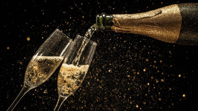 Pouring golden champagne into elegant flutes creates a celebratory moment.