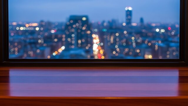 Urban night view with bokeh city lights and wooden window foreground.