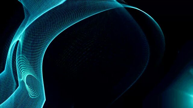 Colorful blue lights forming a spiral grid on a black background. Abstraction.