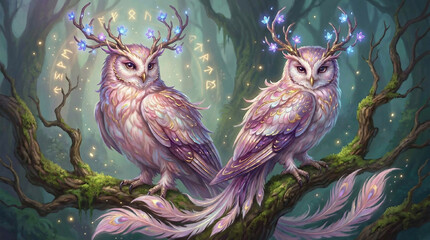 fantasy fey like owl with shimmery feathers in shades of pink, white , purple, and bits of gold. Antlers with flowers and a long feathery tail.