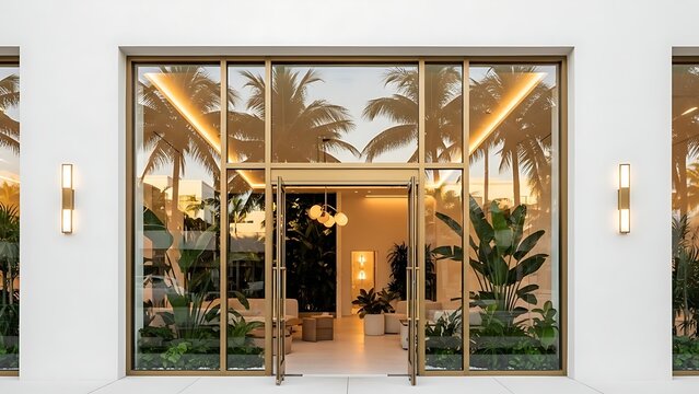 Modern building entrance with tropical plants, warm lighting, and reflections of palm trees.