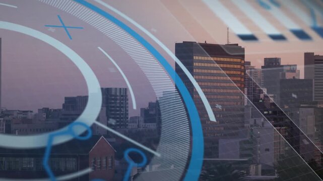 On start translucent blue HUD sweeping rightward, animating rings, lines to visualize urban data