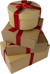Stack of Craft Wrapped Gift Boxes with Red Ribbon Bows