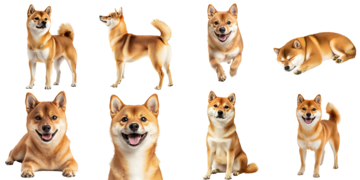 Set of cute Shiba Inu dogs in various poses and from different angles, isolated on a transparent background PNG