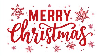 Merry christmas text with festive red snowflakes, isolated on white background