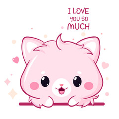 Cute Valentine card with cat in kawaii style. Cute little kitty and hearts. Inscription I love you so much. Can be used for t-shirt print, stickers, greeting card design. Vector illustration EPS8