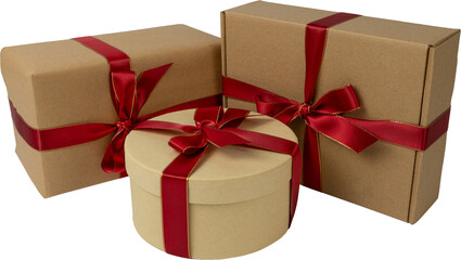 Stack of Craft Wrapped Gift Boxes with Red Ribbon Bows