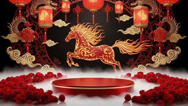 Chinese new year 2026 fire horse theme, elegant round red podium surrounded by roses and smoke