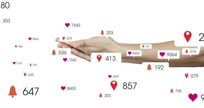 Arm entering right, palm gathering badges, shifting then retreating, showing counts on white field