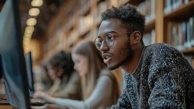 multiethnic students, library learning video