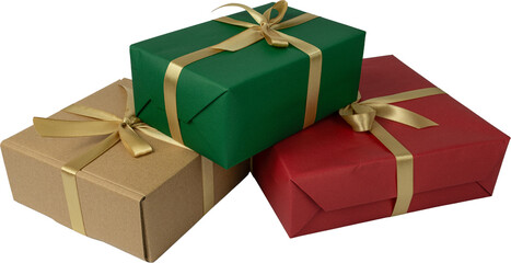 Stack of Multicolored Wrapped Christmas Presents with Gold Ribbons