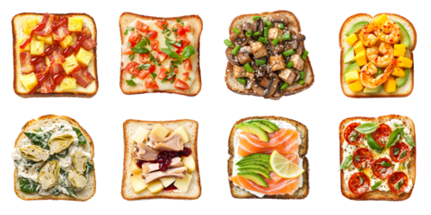 Set of different delicious sandwiches with different fillings, isolated on a transparent PNG background